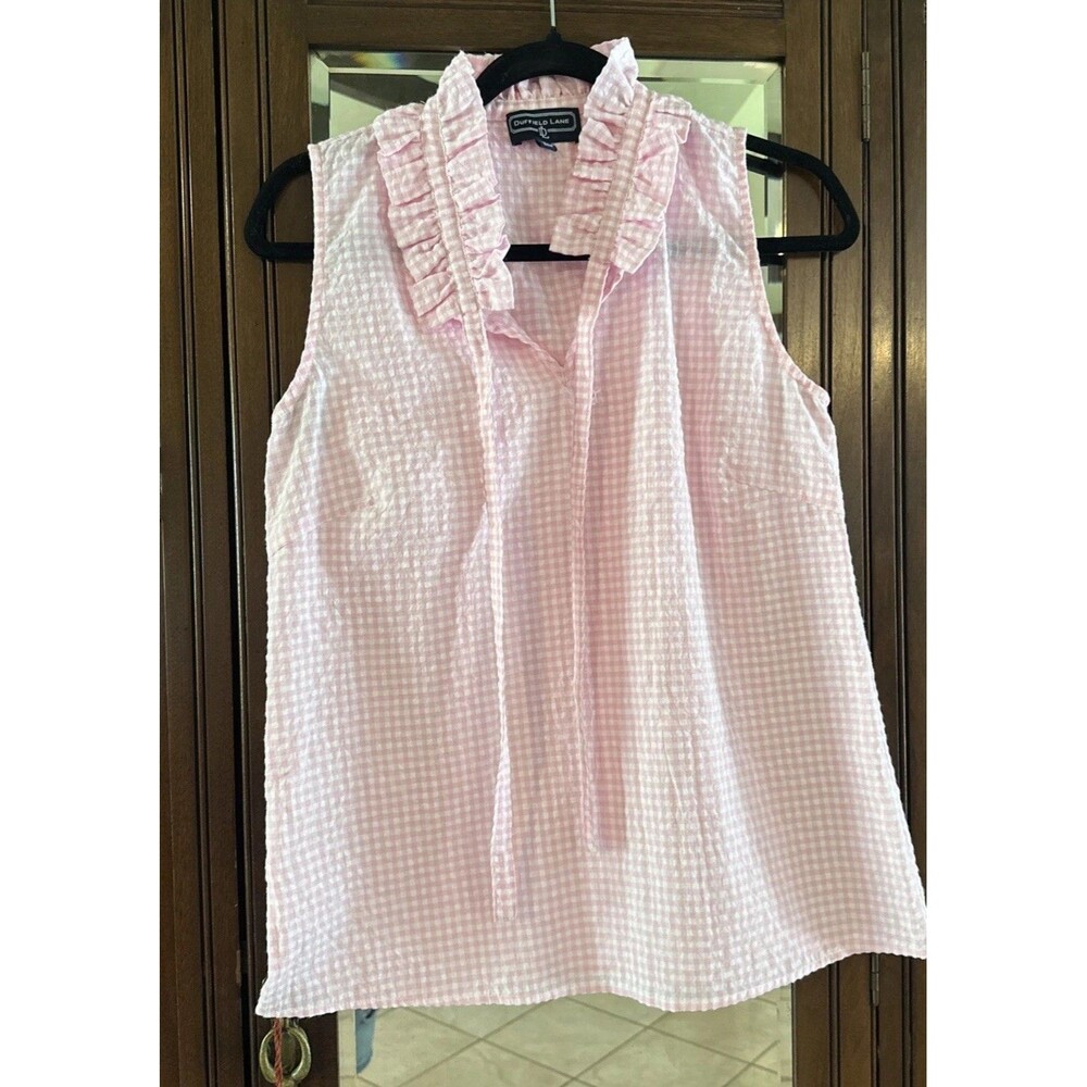Duffield Lane Pink White Gingham Ruffled Collar Tie Sleeveless Top Size Small